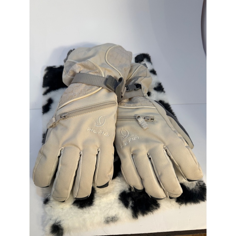 HEAD Womens Waterproof Breathable Ski Gloves Beige Gray Zipper Pocket Medium